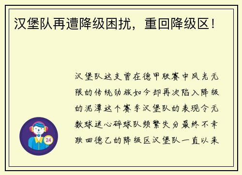 汉堡队再遭降级困扰，重回降级区！